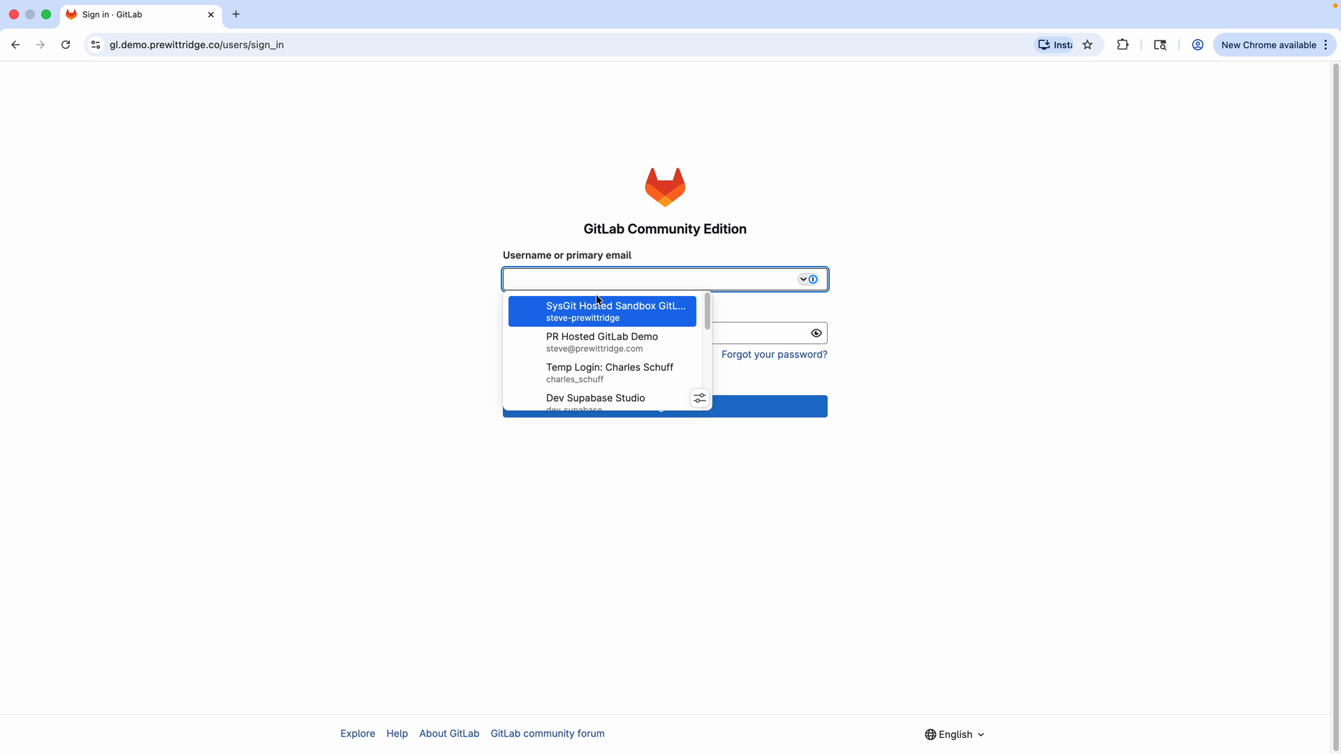 GitLab Community Edition login screen with user selection dropdown