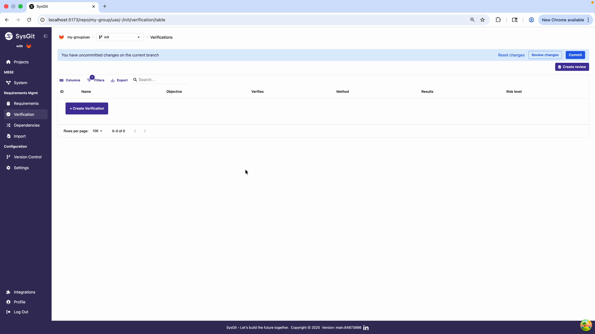 Verifications table view - empty state