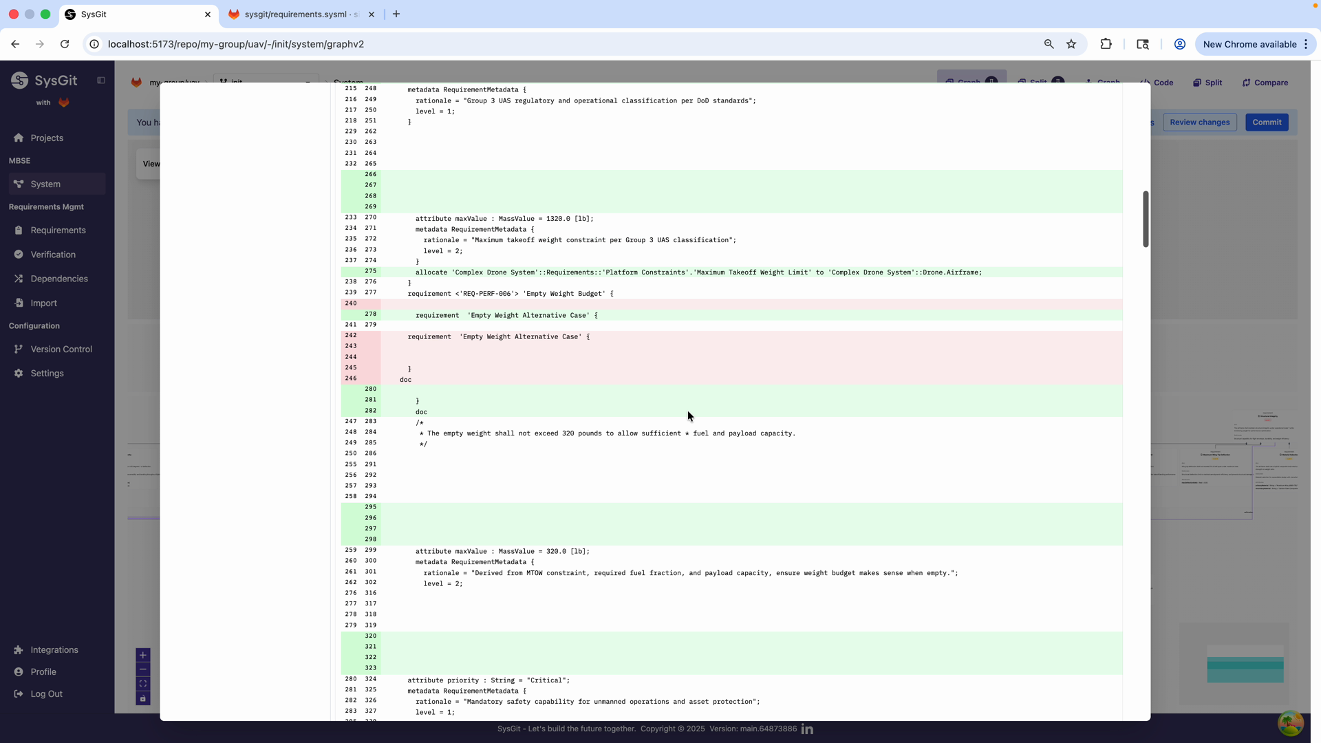 Code diff showing relationship changes