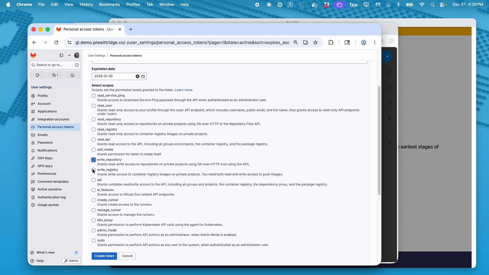 GitLab token permissions
