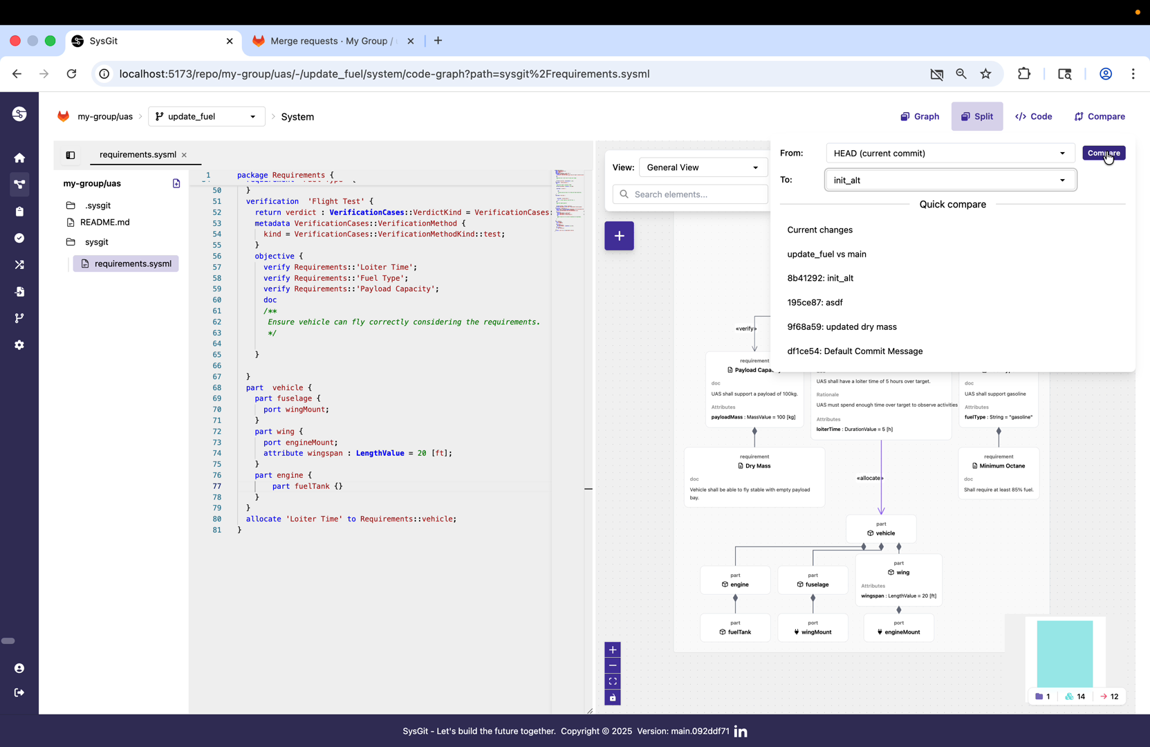 Selecting commits to compare