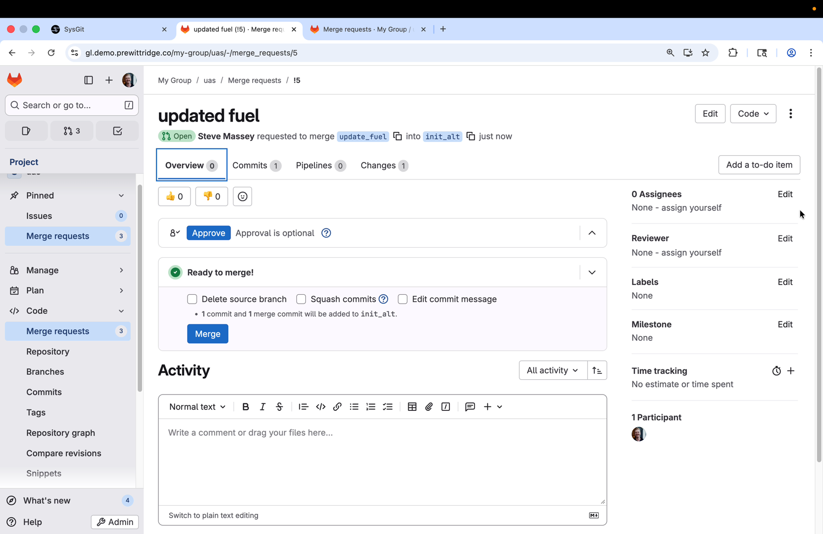 GitLab showing changes and checks