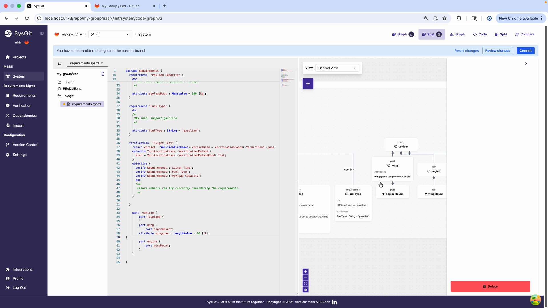 SysML v2 code for wing with wingspan attribute