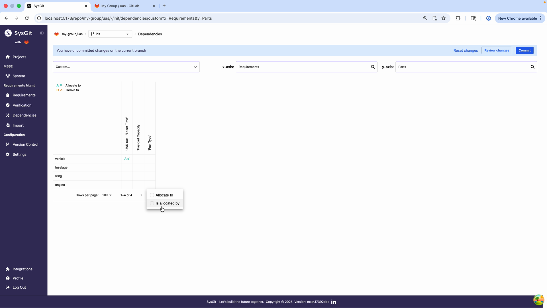 Allocation matrix showing requirements-to-parts relationships